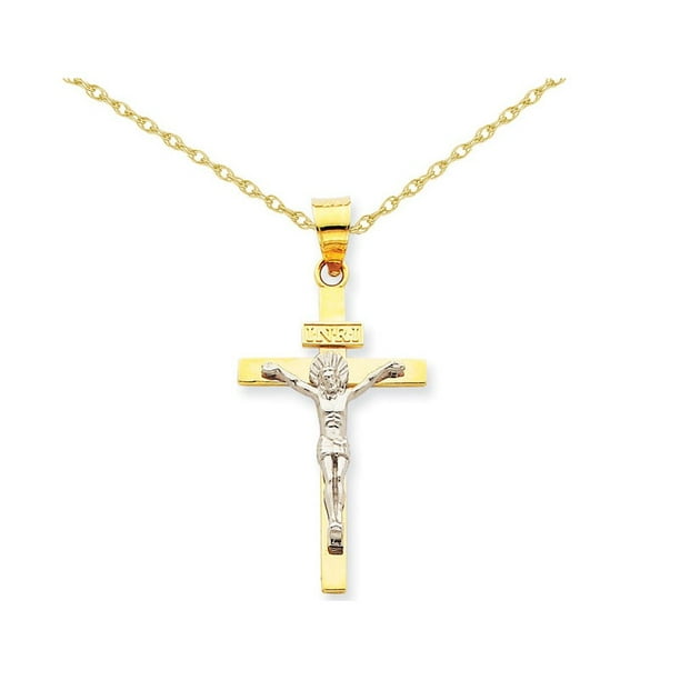 Pendentif Croix INRI Crucifix en Or Blanc and 14 Carats avec Chaîne