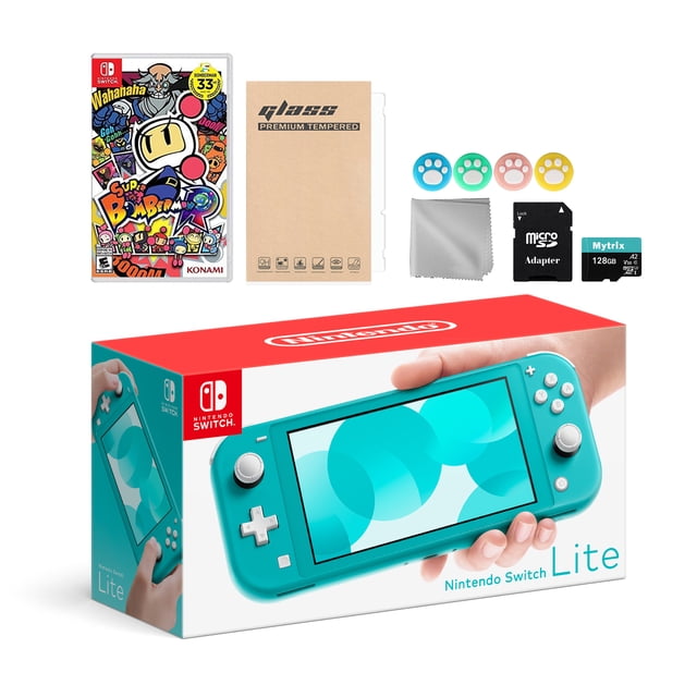 Nintendo Switch Lite Turquoise with Super Bomberman R, Mytrix 128GB MicroSD Card and Accessories NS Game Disc Bundle Best Holiday Gift