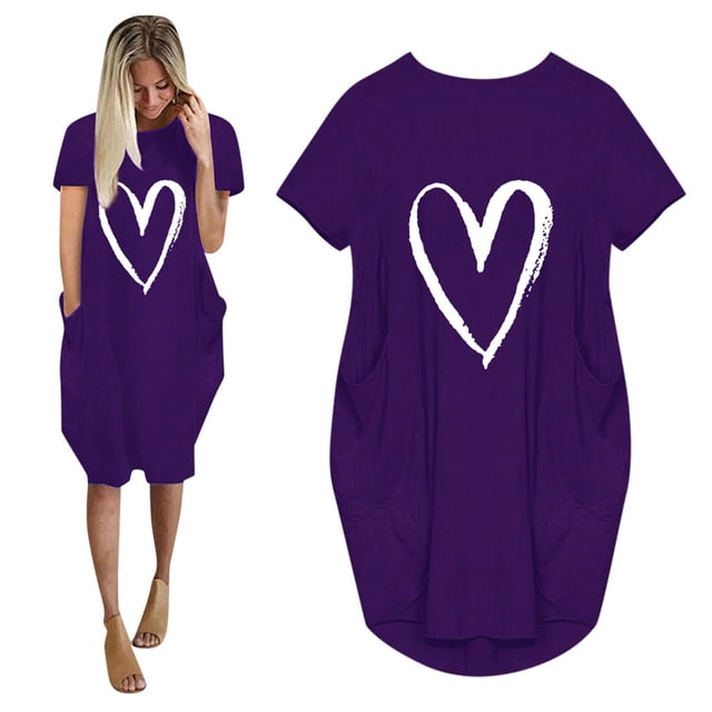 voss Mode Femmes Robe Ample Imprimé Amour Col Rond Poches Manches Courtes Décontractée