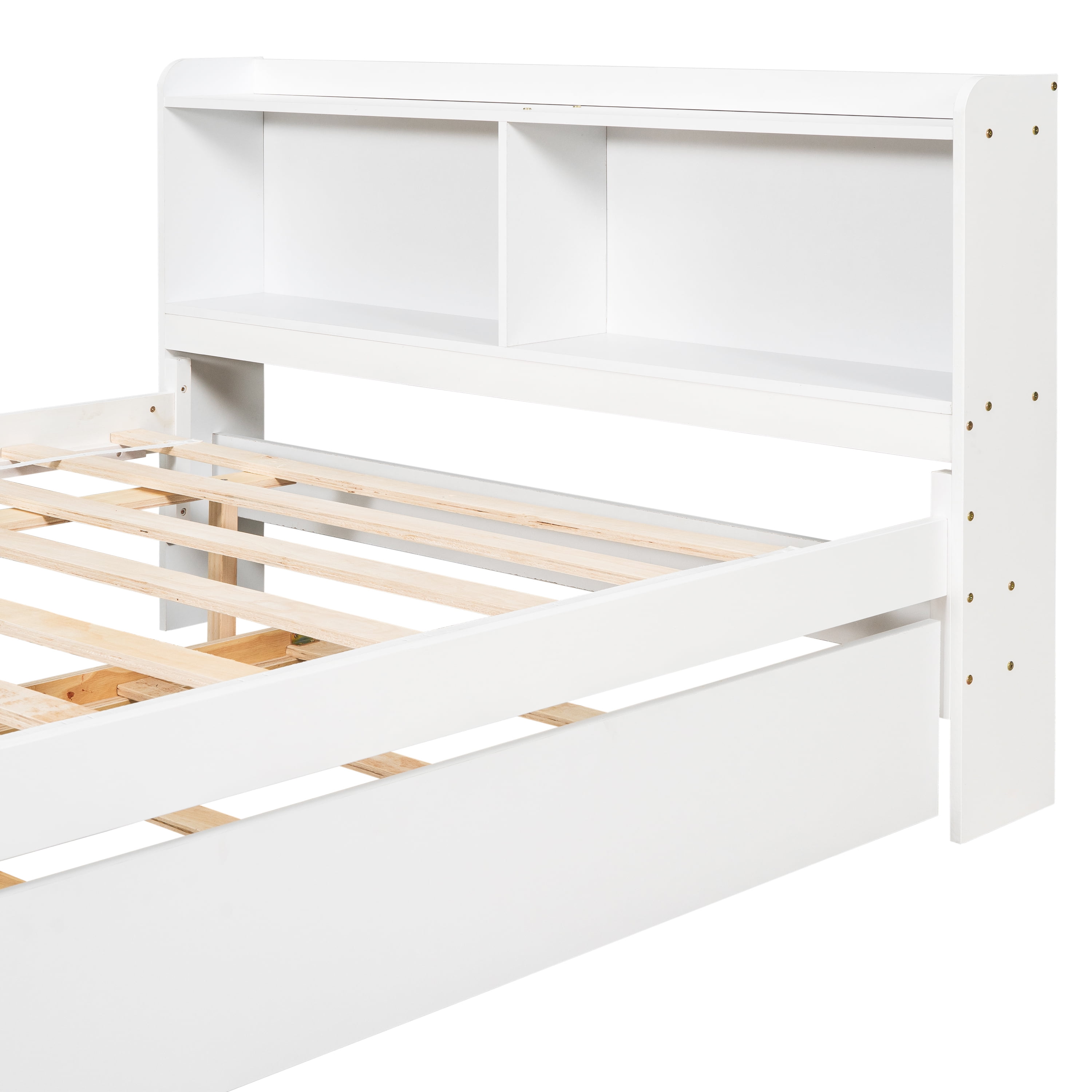 Miniyam Full Size Bed Frame with Trundle & Bookcase Headboard for Kids and Teens, White