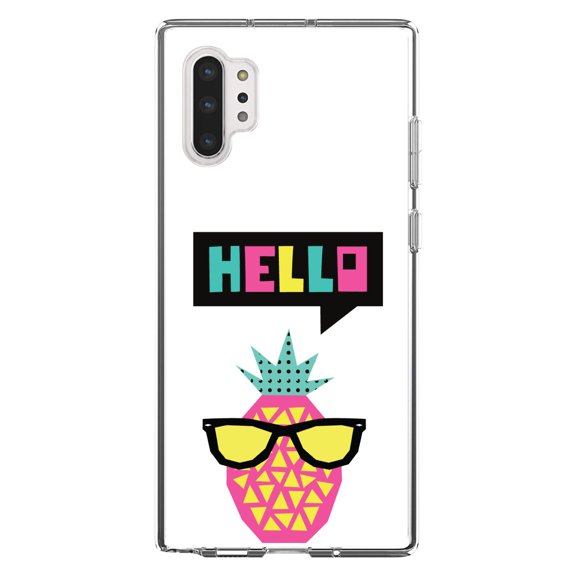 DistinctInk Clear Shockproof Hybrid Case for Galaxy Note 10 PLUS (6.8" Screen) - TPU Bumper, Acrylic Back, Tempered Glass Screen Protector - Summer Graphics - Hello Cartoon Pineapple