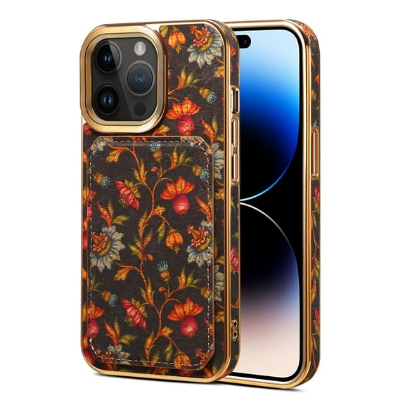 Allytech Plating Case for iPhone 14 Pro Max with Back Credit Card Holder, Ultra Slim Stylish Flowers Pattern PU Leather Kickstand Shockproof Protective Soft Cover for Women Girls - Black