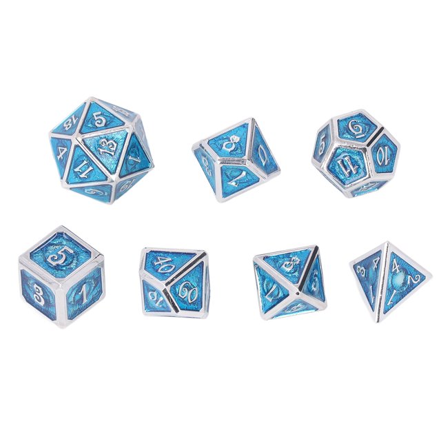 7 dados de metal con patrón de ojo de diablo, delicados dados de poliedro para juegos de enseñanza de matemáticas, color azul
