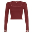 thumbnail image 6 of Women's Long Sleeve T Shirt Spliced Lace Neck Crop Design for Everyday Wear, 6 of 7