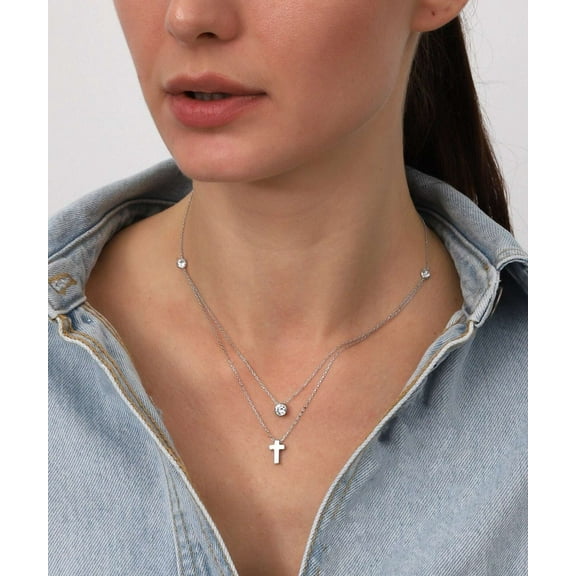 1CT Simulated Diamond 925 Silver Double Chain Cross Necklace 14k White Gold Plated