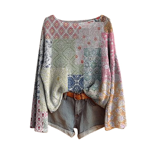 Chandail pour Femmes Chandail Imprimé Artistique Décontracté Tricot Chandail pour Femmes Mode Manches Longues Col Rond Blouse Hiver Chaud Couche Haut, Chandail pour Femmes G