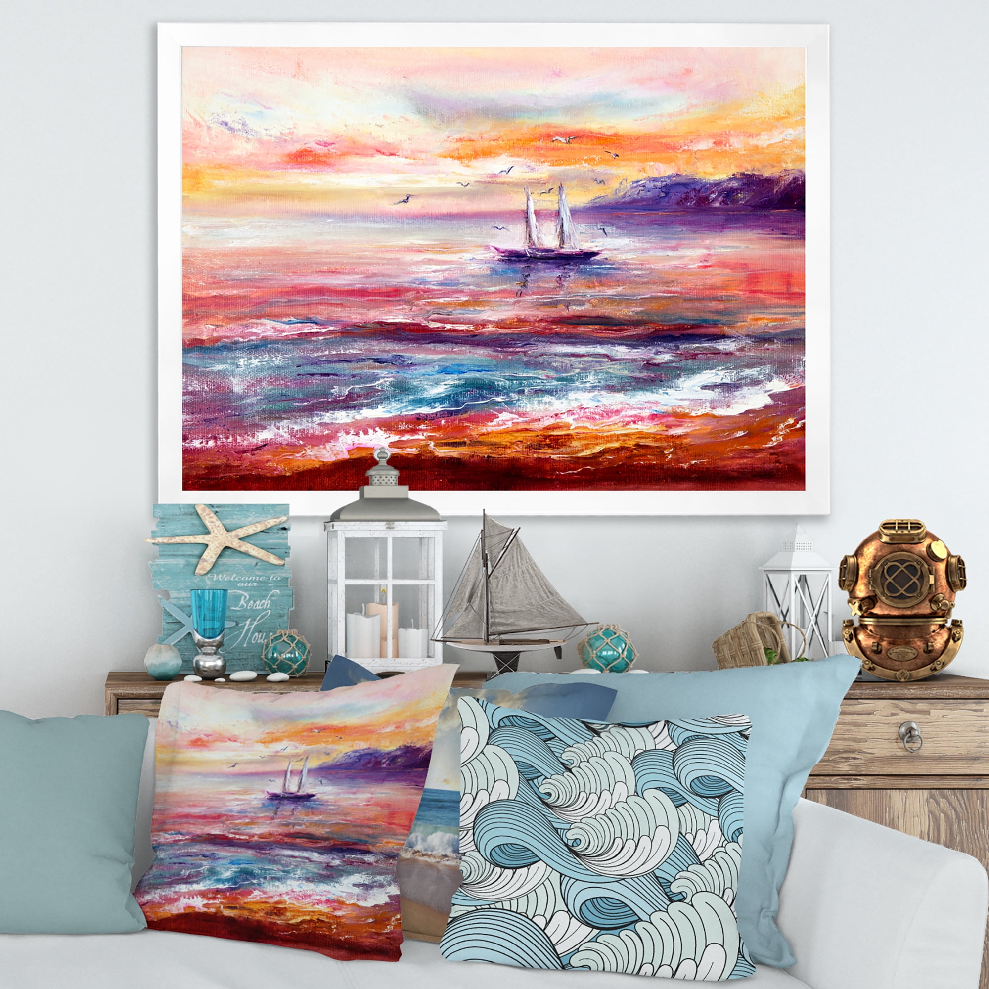 Boat On The Ocean During Vibrant Sunset Glow 40 in x 30 in Framed Painting Canvas Art Print, by Designart