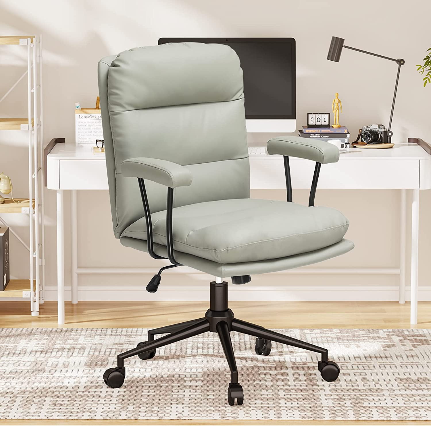 Gray Leather Office Chair with Arms, Ergonomic Desk Chair Mid Century for Executive, Adjustable