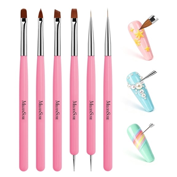 MelodySusie 6Pcs Nail Art Brush Set, Professional Painting Tools with Liner Flat Angled Gel Carved Brushes and Dotting Pen for Home and Salon, Pink