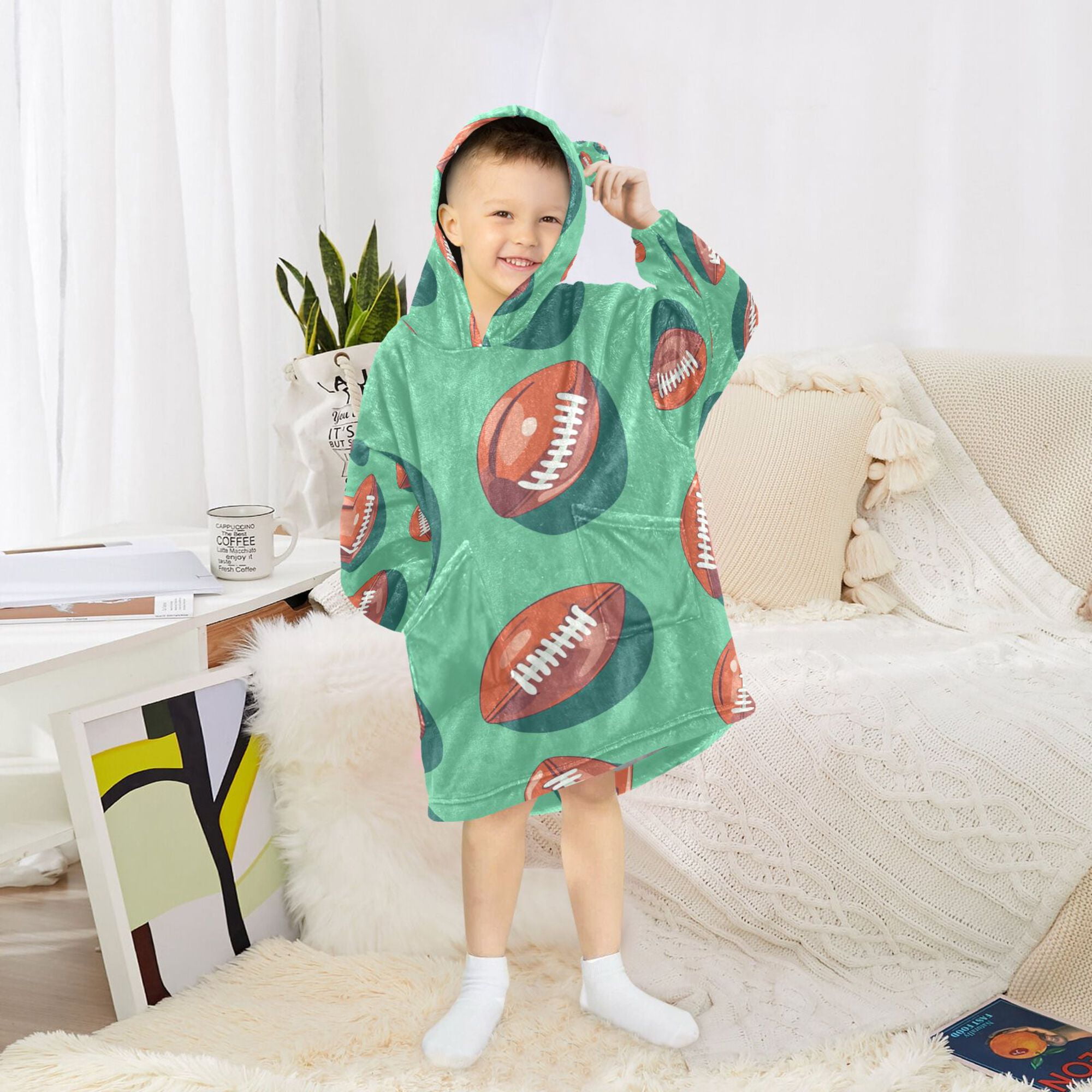 FORMRS Wearable Blanket Hoodie with Sleeves for Kids Cozy Flannel Sweatshirt, Brown American Footballs