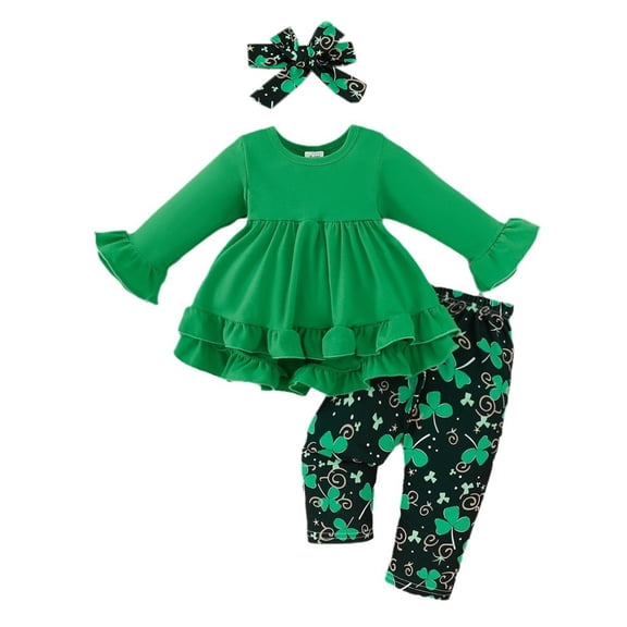 Atogsazn 3pcs Toddler Baby Girls Clothes Sets Flared Long Sleeve Green Top Dress Shamrocks Pants Hairband St. Patrick's Outfits for 6M Baby Green on Clearance
