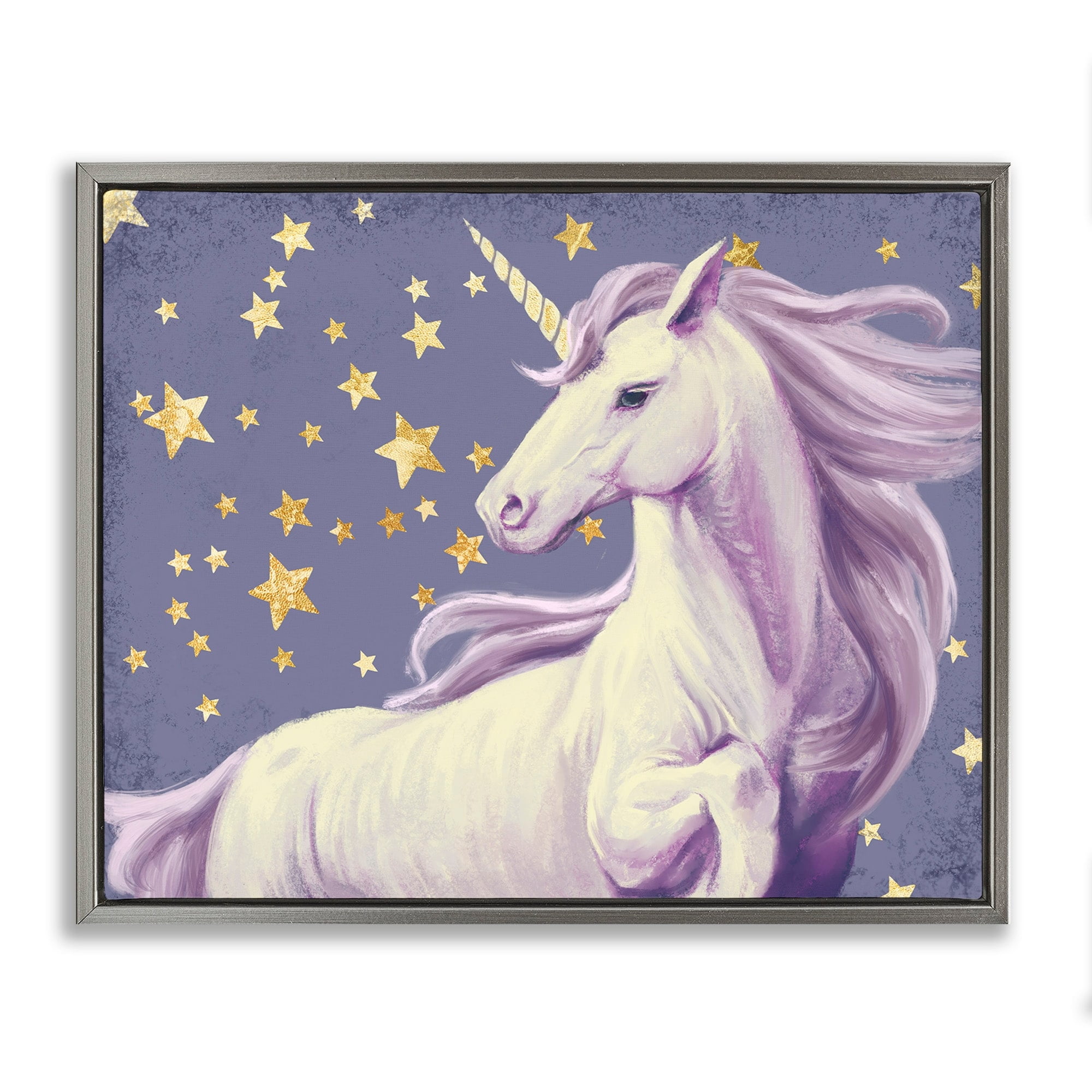 Stupell Industries Purple Unicorn in Starry Night Sky Space Fantasy Luster Gray Framed Floating Canvas Wall Art, 16x20, by Ziwei Li