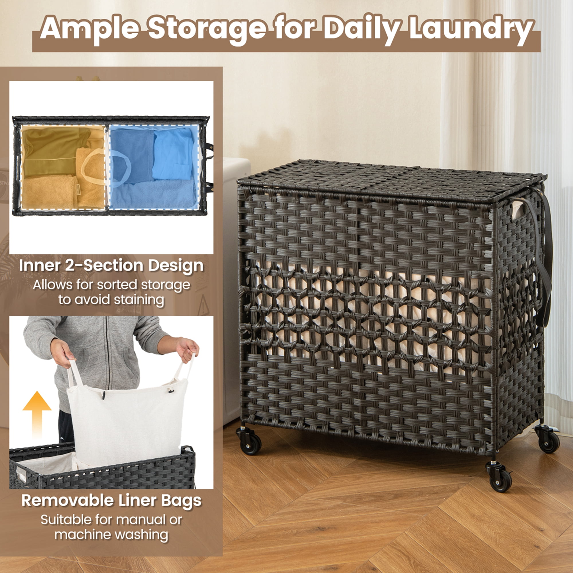 Costway 110L Laundry Hamper with Wheels Clothes Basket Lid & Handle & 2 Liner Bags Black
