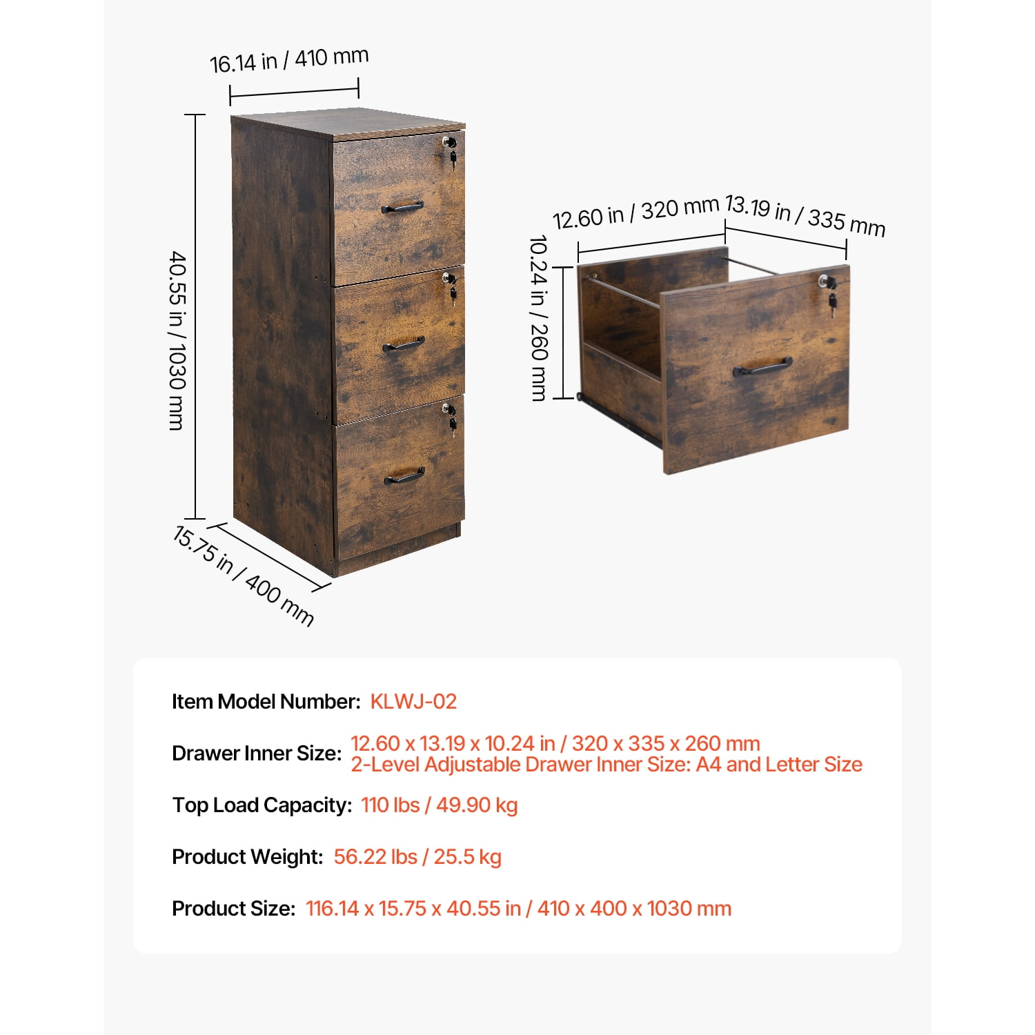 KFFKFF Lockable 3-Drawer File Cabinet, Metallic Vertical Storage Units for Residential Offices, Robust Cabinet with Dual-Stage Adjustable Rod for A4/Letter/Legal Size Documents, Assembly Simplified