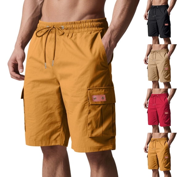 RYDCOT Mens Cotton Loose Drawstring Twill Cargo Shorts with Full Elastic Waist and Muti Pocket Yellow