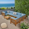 thumbnail image 2 of GDF Studio Cascada Outdoor Acacia Wood 8 Seater Sectional Sofa Chat Set with Cushions, Teak and Blue, 2 of 12