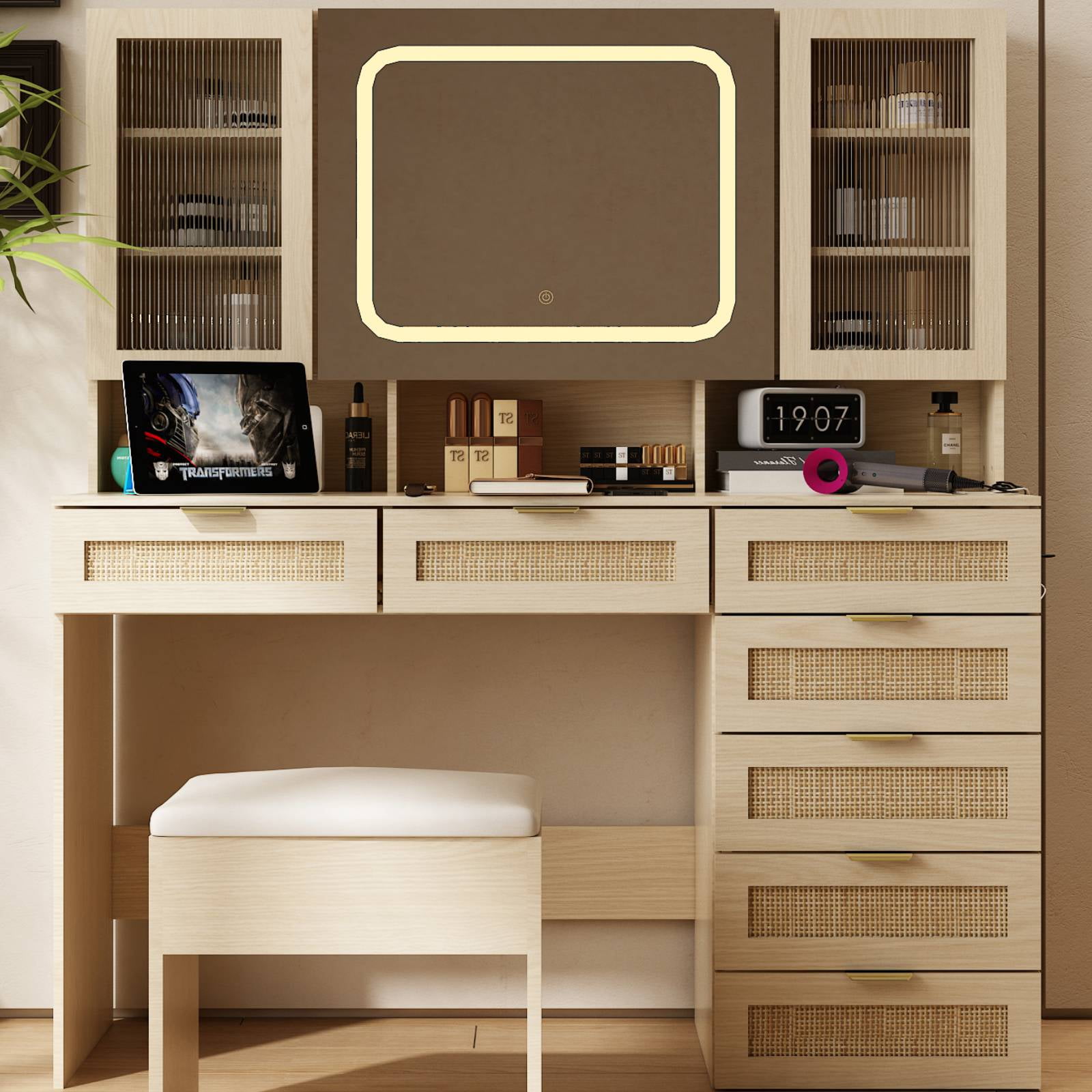 Ktaxon Large 47.24" Makeup Vanity Table Set with Hidden Storage, 7-Drawer Dressing Table, Bedroom Makeup Table, Natural