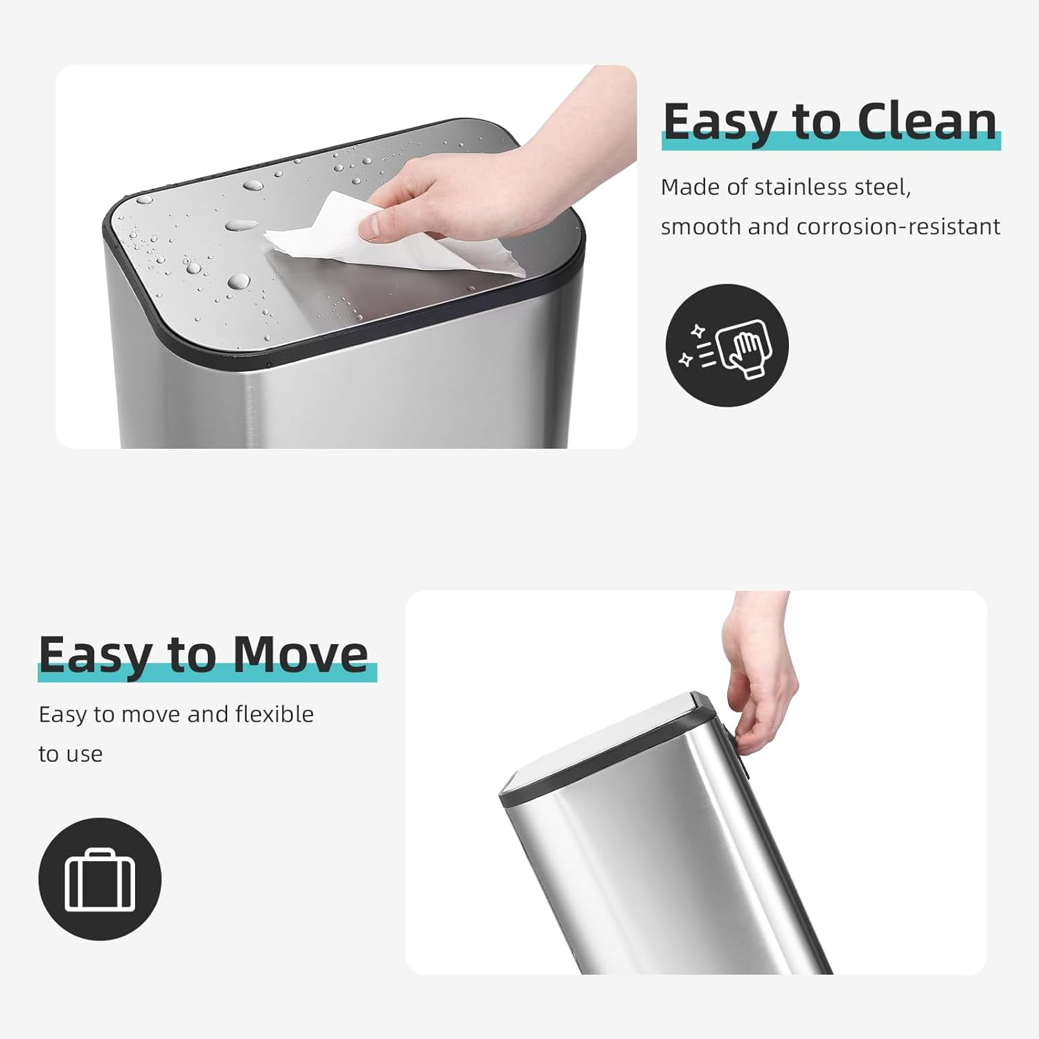 Lumiparty Kitchen Trash Can with Soft Close Lid, 3.2 Gallon Stainless Steel Garbage Can with Foot Pedal & Removable Inner Bucket, for Bathroom Living Room, Silver