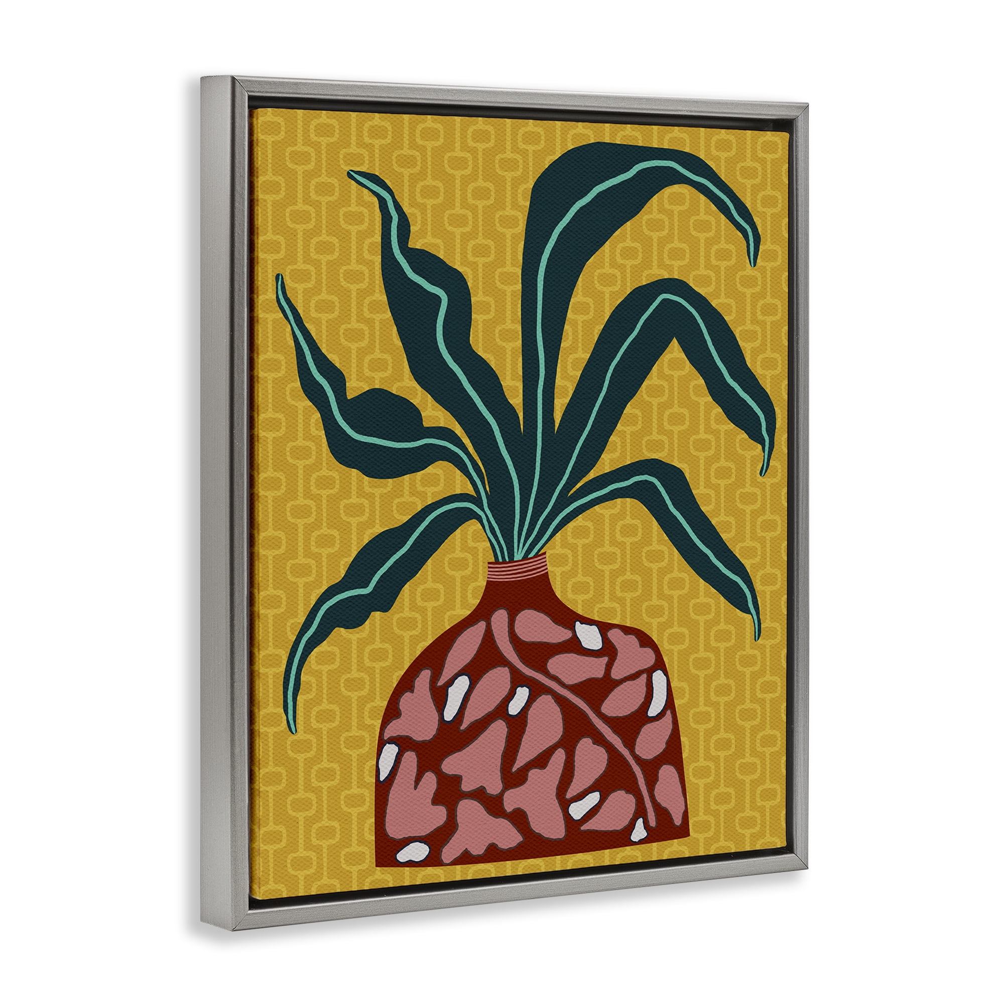 Stupell Industries Spider Plant on Yellow Plants & Flowers Painting Gray Floater Framed Canvas Art Print Wall Art, 17 x 21