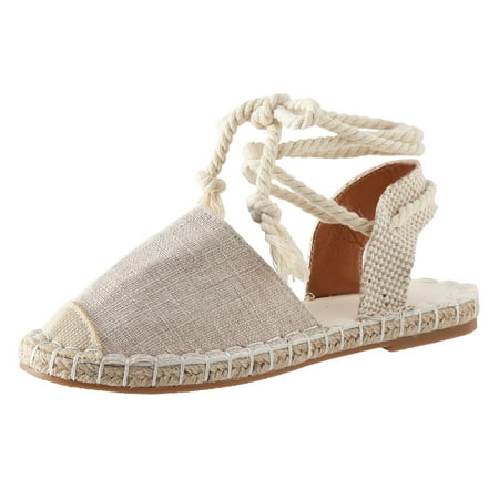 

PMUYBHF Wedge Sandals for Women Summer Lace Up Casual Round Toe Weave Flat Soft Bottom Breathable Shoes Sandals Size 9 White