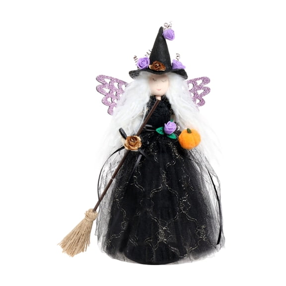 ABODELINE Halloween Decorations Indoor Collectible Figurines - Black Fabric Witch with Hat and Broom Ornaments Gothic Decor for Halloween Party Decorations 11.8 x 6.3 Inch