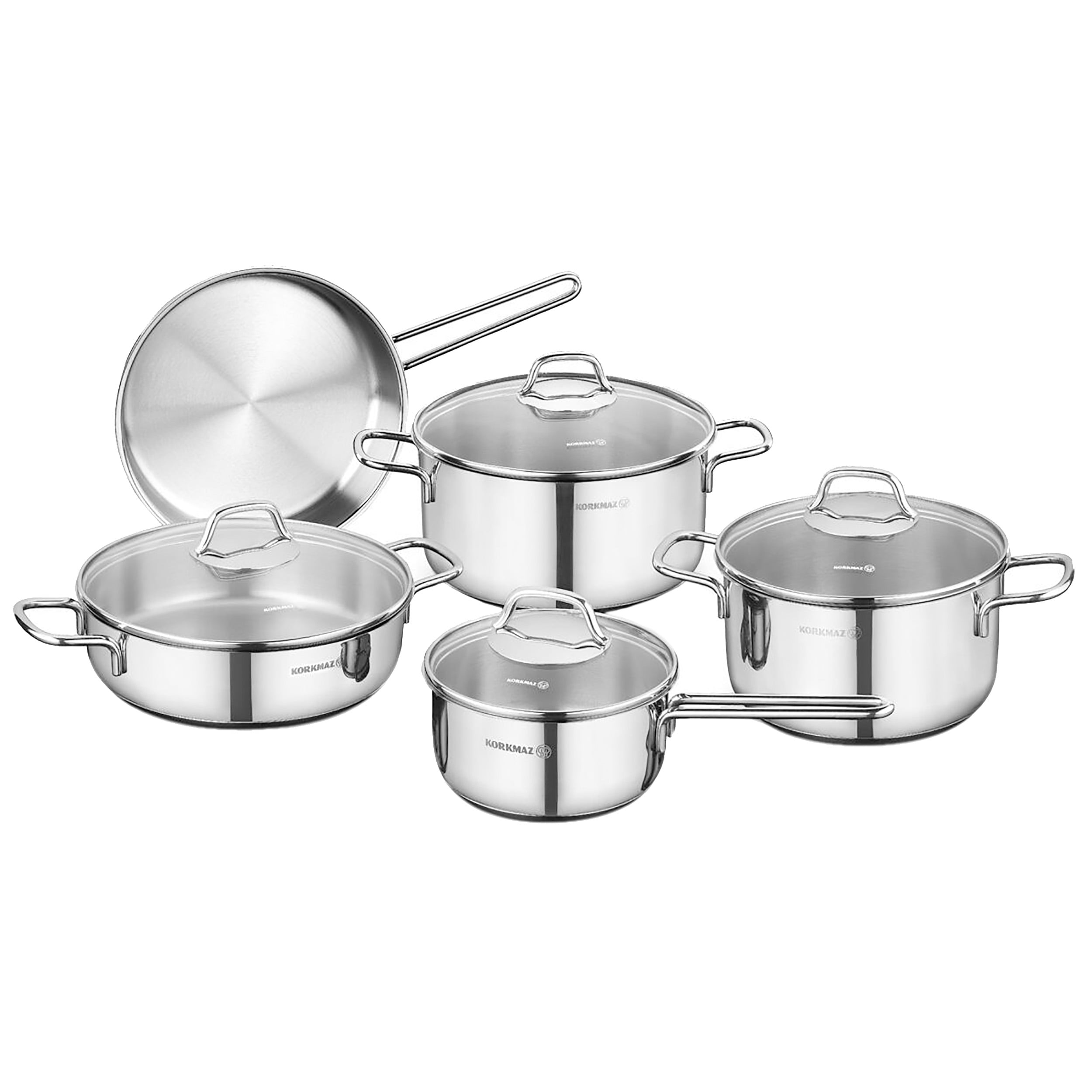 Korkmaz Nora Jr. Cookware Set with Tempered Glass Lids and Bakelite  Handles, 6-Piece Kitchen Polished Chef's Classic Stainless Steel Pots  Collection