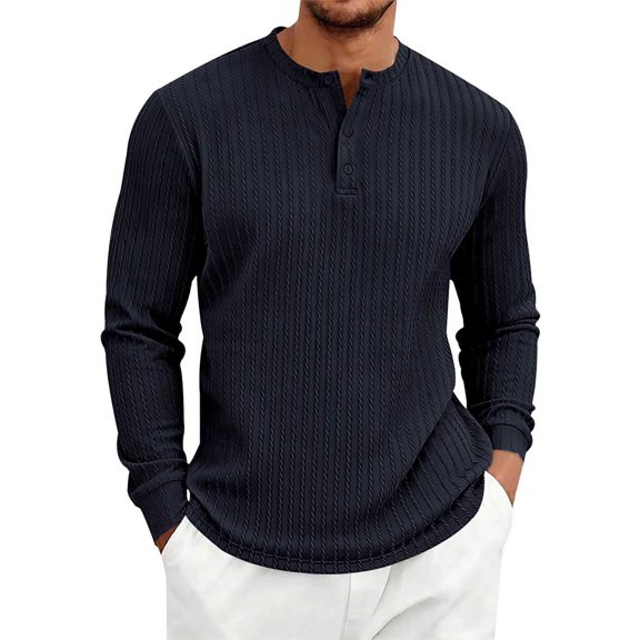 Men's Henley Long Sleeve Shirt Textured Jacquard Knit Button Down Casual Top for Fall Everyday Wear