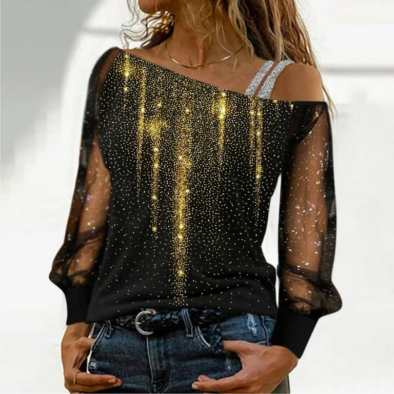 CLZOUD Women s Blouses and Tops Dressy Gold Women Casual Sequin