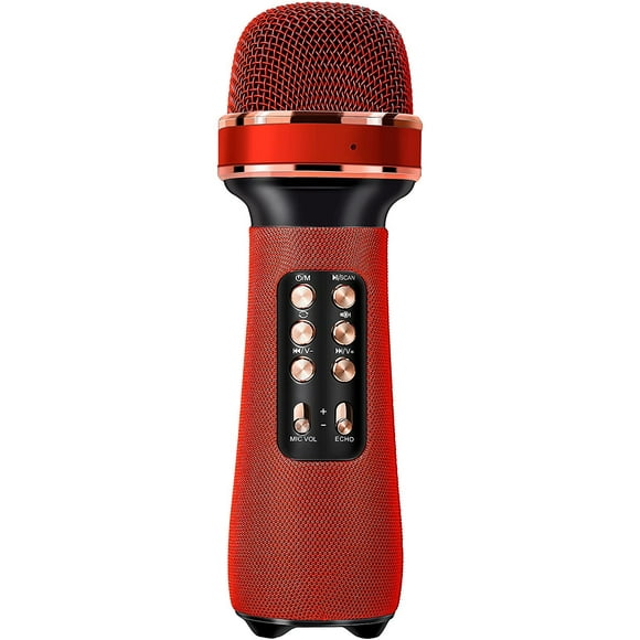 Microphone Karaoké Sans Fil Bluetooth, Microphone Portable 7-en-1 pour Chanter Fête Maison Anniversaire Mariage pour Tous Téléphone Intelligent Microphone Portable pour Enfants, Adultes, (Rouge)
