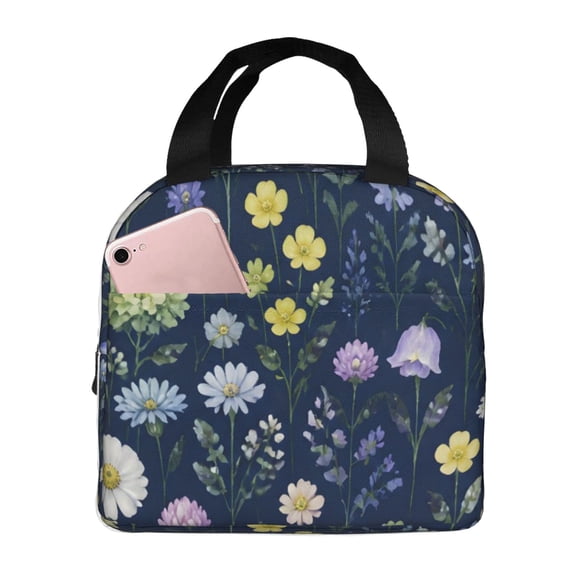 Navy Wildflower Lunch Bag Reusable Thermal Lunch Box with Handle for Women and Men