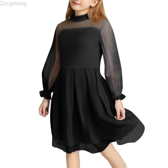 Zecgelong Girls Dress Color Contrast Mesh Long Sleeve Girls Dresses Size 5-6 Years Black