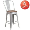 thumbnail image 3 of Flash Furniture 4 Pack 24" High Silver Metal Counter Height Stool with Back and Wood Seat, 3 of 13