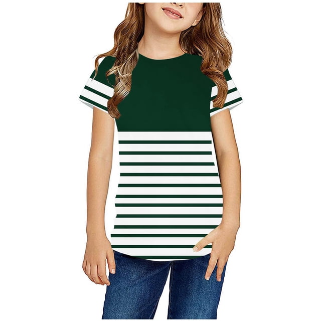 Zwiiyzr 2025 T-Shirt à Rayures pour Enfants Col Rond Manches Courtes Chemises pour Garçons Filles Vert-3-4 Ans