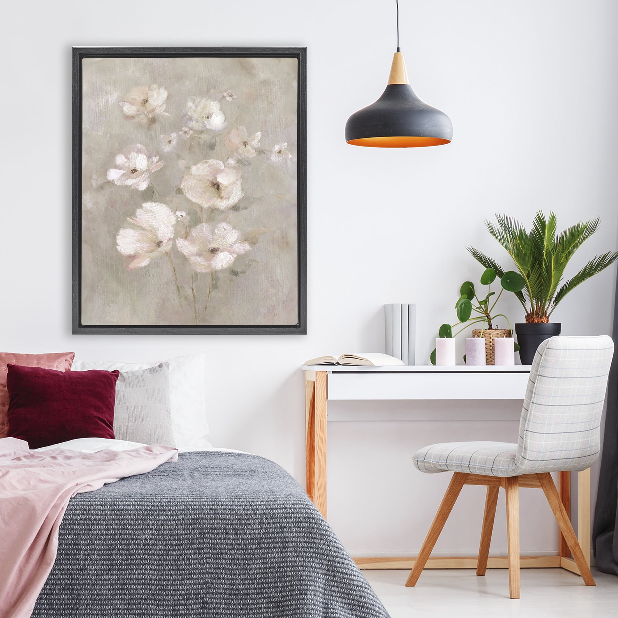 Stupell Industries Blush Florals over Beige Black Framed Floater Canvas Wall Art, design by Carol Robinson