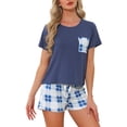 thumbnail image 4 of INSPIRE CHIC Women's Plaid Short Sleeve T-Shirt with Shorts Pajama Set M Blue-White, 4 of 5