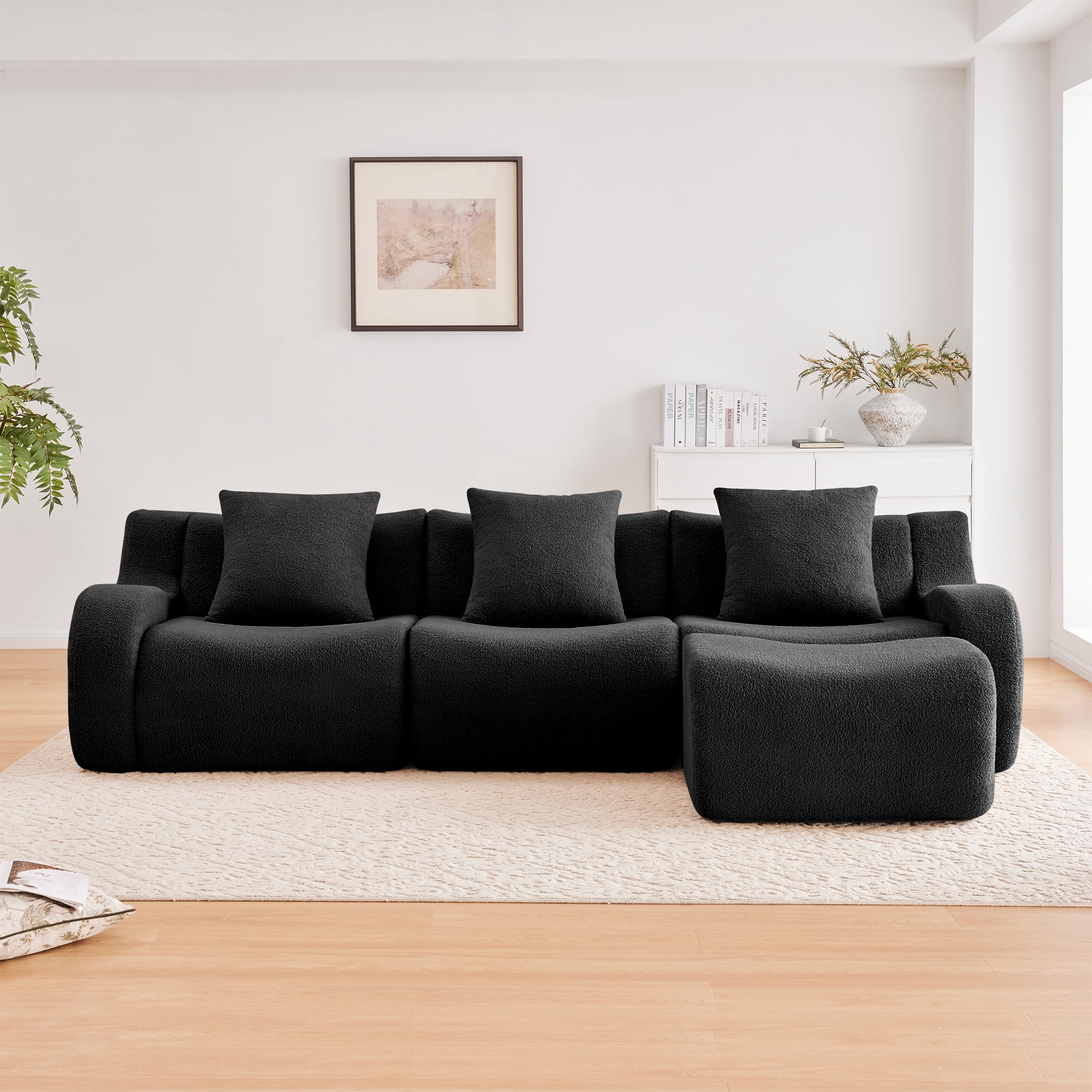 MAYEERTY 115.3" L-Shaped 3-Seat Teddy Fabric Boneless Sofa, Black 300lbs/seat 32D Foam No Assembly Couch with Chaise for Living Room Bedroom