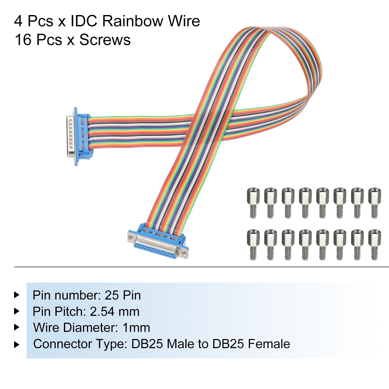 4 Pcs IDC Rainbow Wire Flat Ribbon Cable DB25 Male to DB25 Female 19.7 Inch Length 2.54mm Pitch Breadboard Jumper Wires for Electronic Projects