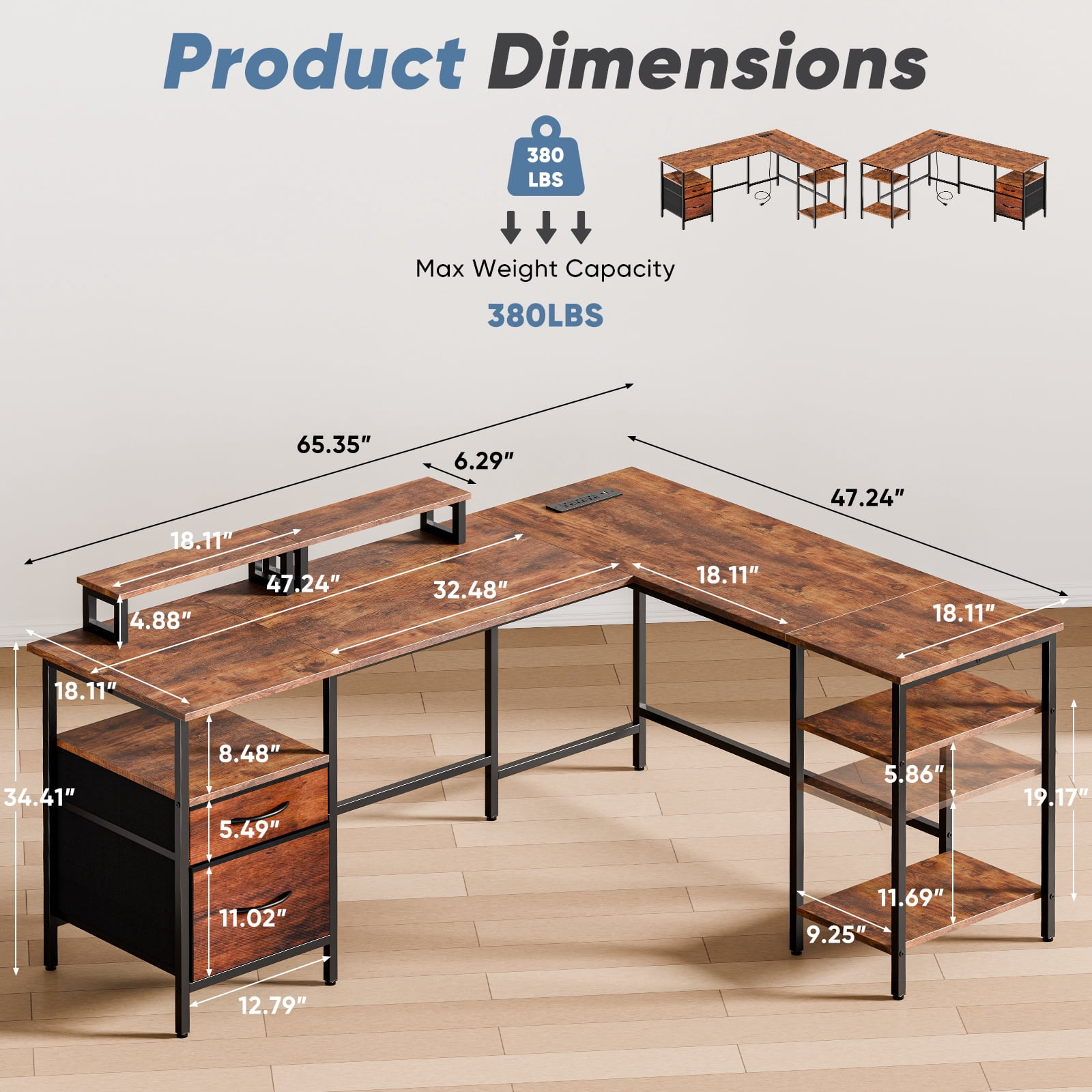 CONCETTA Modern L-Shaped Computer Desk with Power Outlet, Reversible Gaming Desk with Fabric Drawer & 2 Monitor Stands for Home Office, Rustic