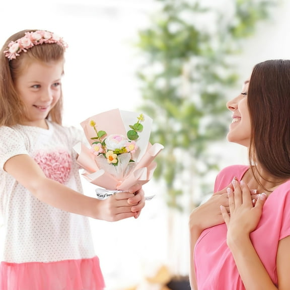 Usloyux Under $5 Hand Knitted Bouquet, Wool Flower Arrangement, Rose Floral Gift with Transparent Bag, Mother's Day Anniversary Present for Women Special Occasion