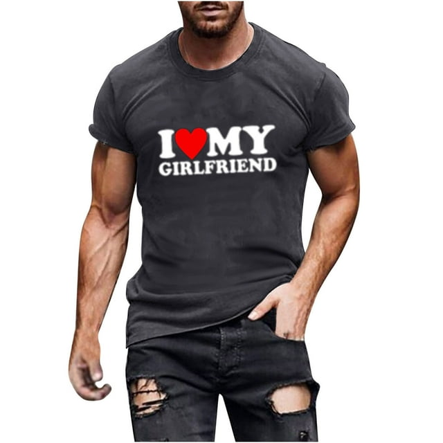 Penkiiy T-Shirt Homme « I Love My Girlfriend » T-Shirt Décontracté Col Rond Manches Courtes T-Shirt S Gris Foncé