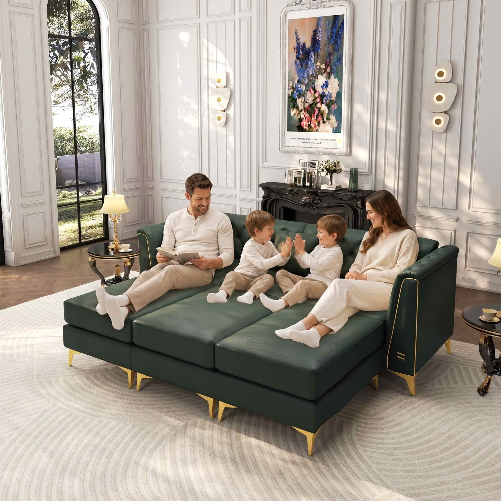 MAYEERTY 81.5" Light Luxury Modular Chesterfield 3‑Seater Sofa with 2 Ottomans, Faux‑Leather Couch, Button Tufting, Metal‑Trim Armrest & Slim Metal Legs, 3 Pillows Included