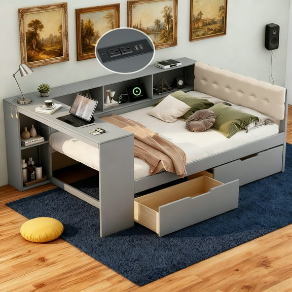 Mirightone Wood Full Daybed with Desk and Storage Drawers, Full Size Corner Bed with Upholstered Headboard and Charging for Teens Adults, Gray