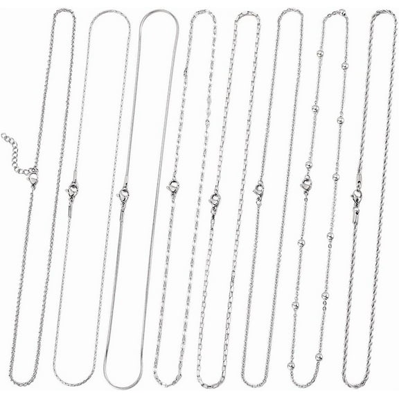 8 STYLES 18 Inch/ 0.45m Stainless Steel Necklace Making Chain Silver Necklace Chains Bulk Snake Chain Satellite Necklace Lobster Claw Clasps Curb Chains for Jewelry Making Supplies Women Diy Silver