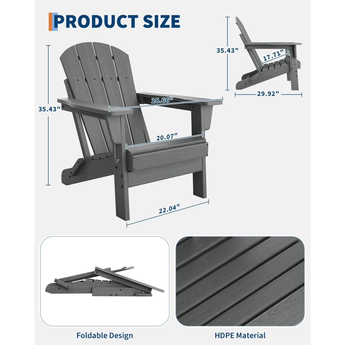 1PC Folding Adirondack Chair, HDPE Outdoor All-Weather Fire Pit Chairs, Outdoor Wooden Lounge Chair, Modern Lounger Adirondack Chairs Ergonomic Extended Backrest for Deck, Patio, Pool, Backyard
