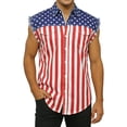 thumbnail image 2 of fnnxeal Mens Red Patriotic USA Flag Sleeveless Button Down Shirt Casual Western Frayed Top with Chest Pockets Relaxed Fit for Holiday Daily WearSize 2XL, 2 of 9
