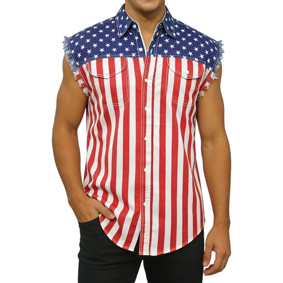 Fewfanhot Men's American Flag Sleeveless Button-Down Shirt, Frayed Edge Western Style Patriotic 4th of July Tank Top, Casual Cowboy Vest, S-3XL