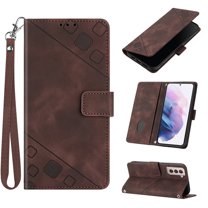 Feishell for Samsung Galaxy S21  6.7 inch Wallet Case with Wrist Strap,Flip Cover with Embossed Pattern PU Leather Kickstand Credit Card Slots Magnetic Clasp Folio Purse Phone Case,Brown