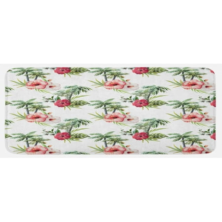 

Hawaii Kitchen Mat Aquarelle Effect Palm Trees Hibiscus Flowers Romantic Summer Bloom Plush Decorative Kitchen Mat with Non Slip Backing 47 X 19 Reseda Green Pale Pink by Ambesonne