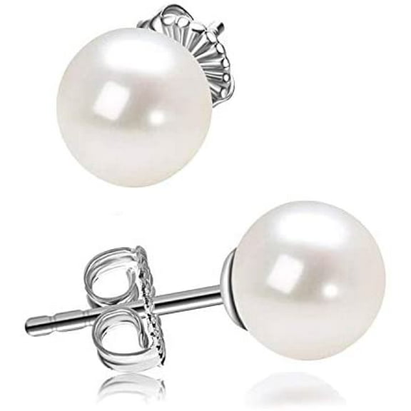 XBage Classic Gold Plated Sterling Silver Round White Simulated Pearl Stud Earrings For Women[3423]