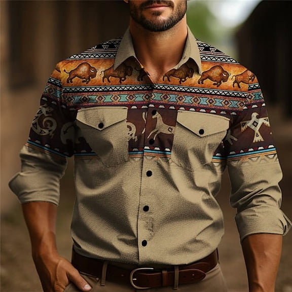 Men's Button-Down Shirt Western Spring Fall Retro Loose Casual Long Sleeve Top for Men Khaki XL